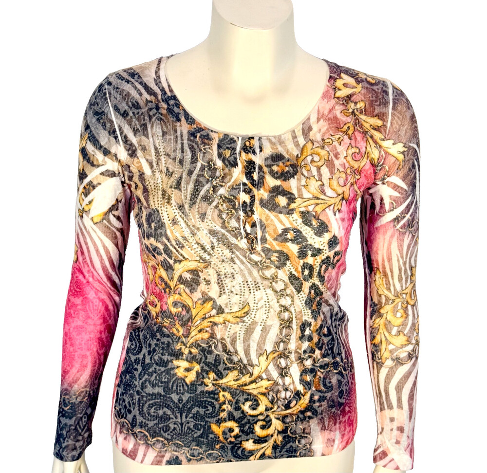 Cache Long Sleeve Tee Shirt Womens M Animal Brocade Beaded Snap Henley Scoop Nek